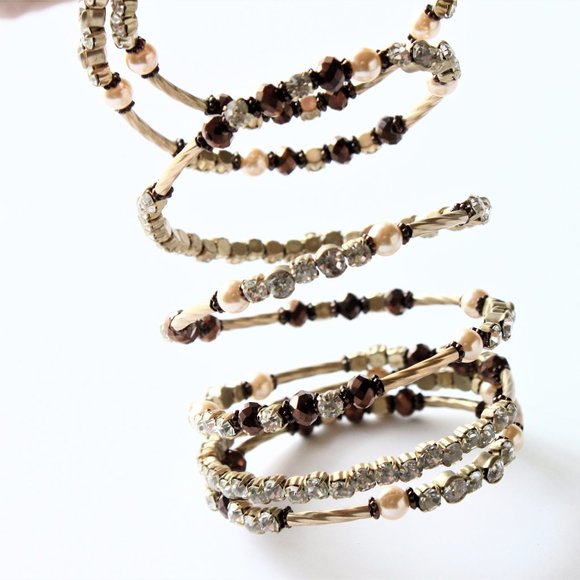 Slinky Bracelet Bangle Wrap Browns Gold Rose Clear Rhinestones Costume Jewelry - Picture 3 of 7
